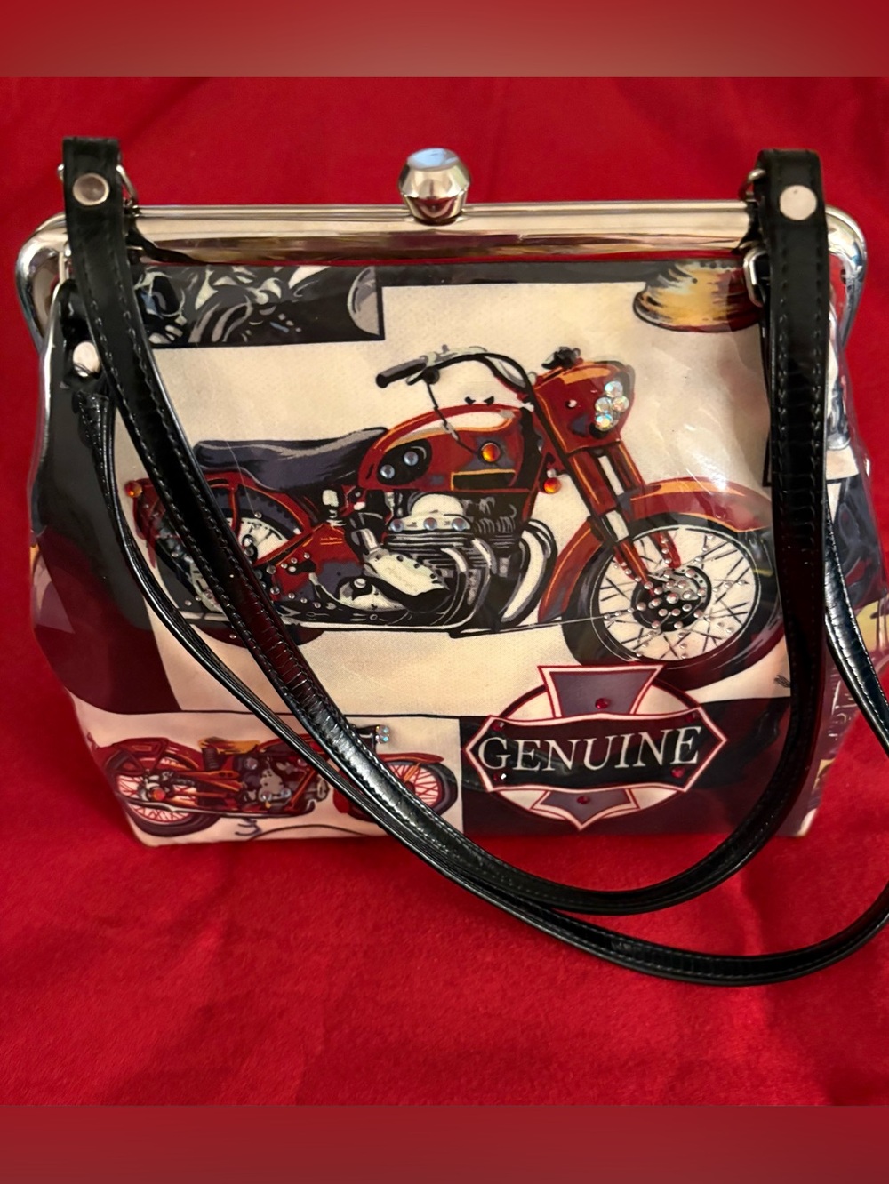 Authentic M. Andonia LA Kiss Bag Motorcycle Y2K Silver Swarovski
Crystal Rare